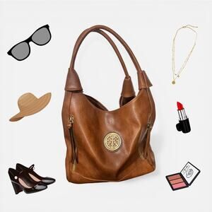 Rosetti Brown Faux Leather Hobo Shoulder Gold Medallion Slouchy Bag